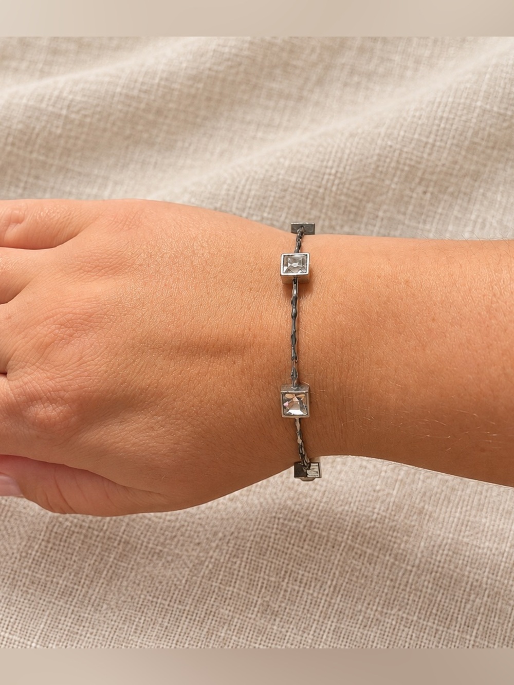 Silver Tone Station Bangle Bracelet Square Cut Crystal Stones